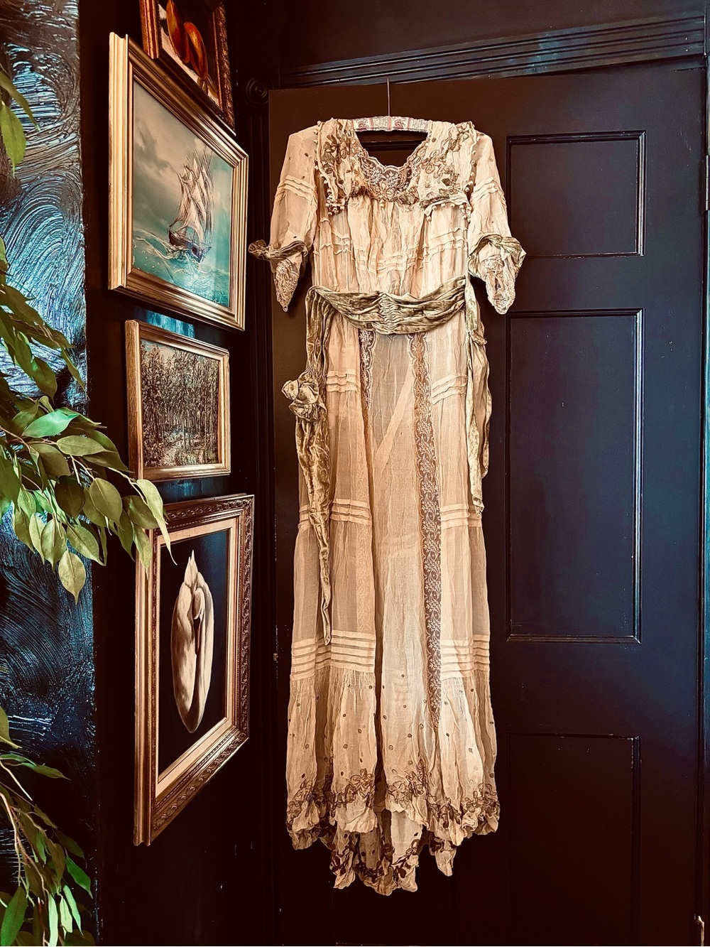 Antique Vintage ivory tea stained silk velvet lace Embroidery museum Maxi Dress
